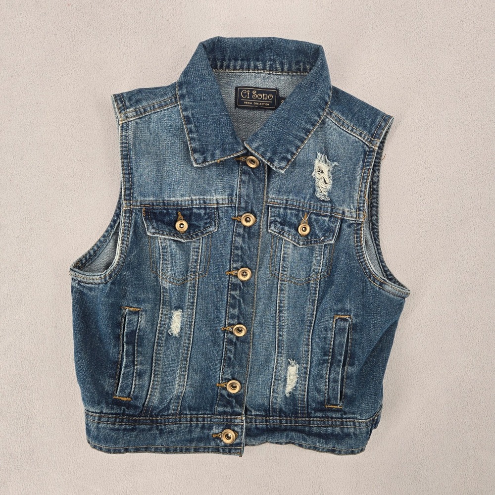 Ci Sono Womens Small Blue Distressed Denim Vest Y2K Indie Boho Sleeveless Jacket